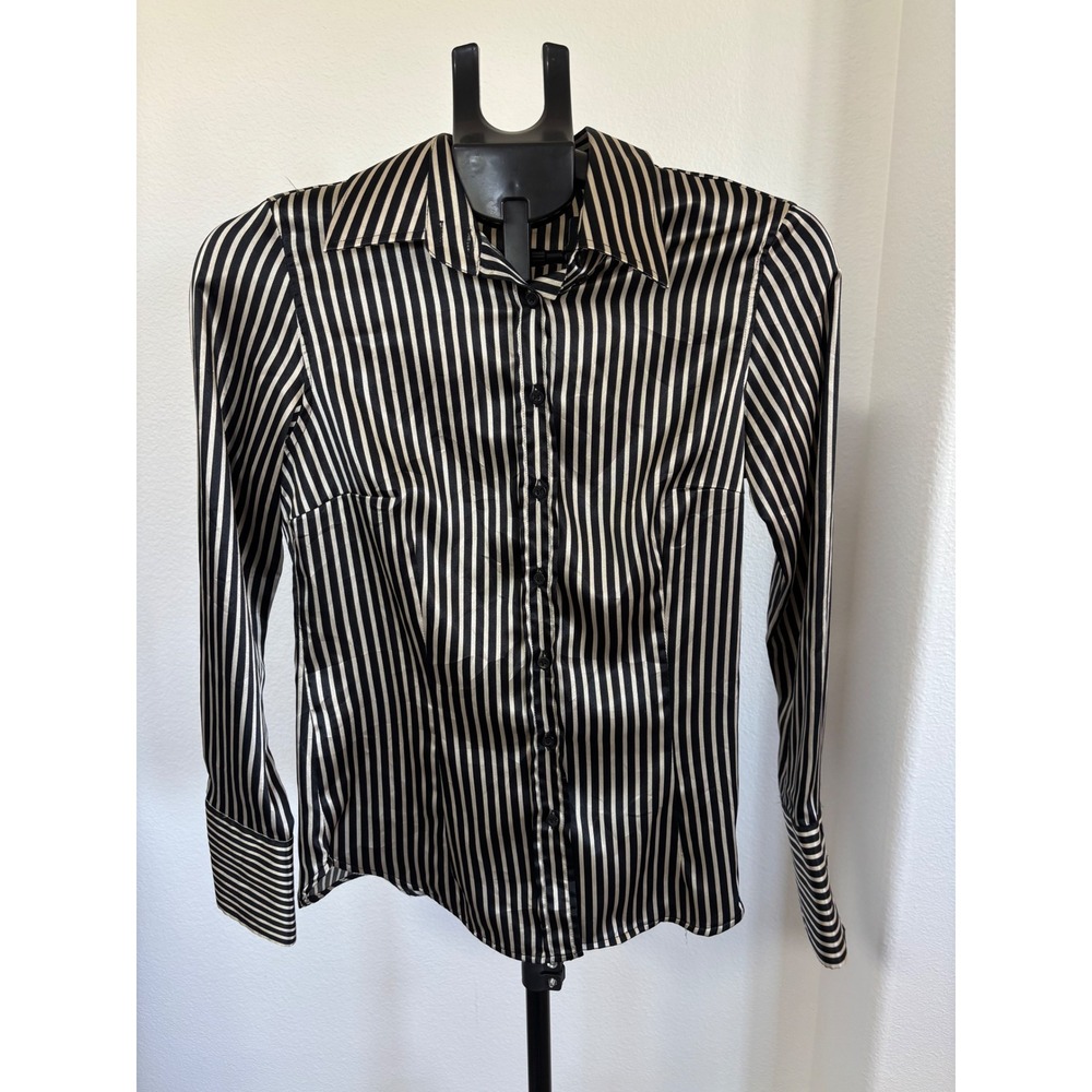 Zara Basic Women Black Gold Striped Satin Button Down Shirt Blouse Small